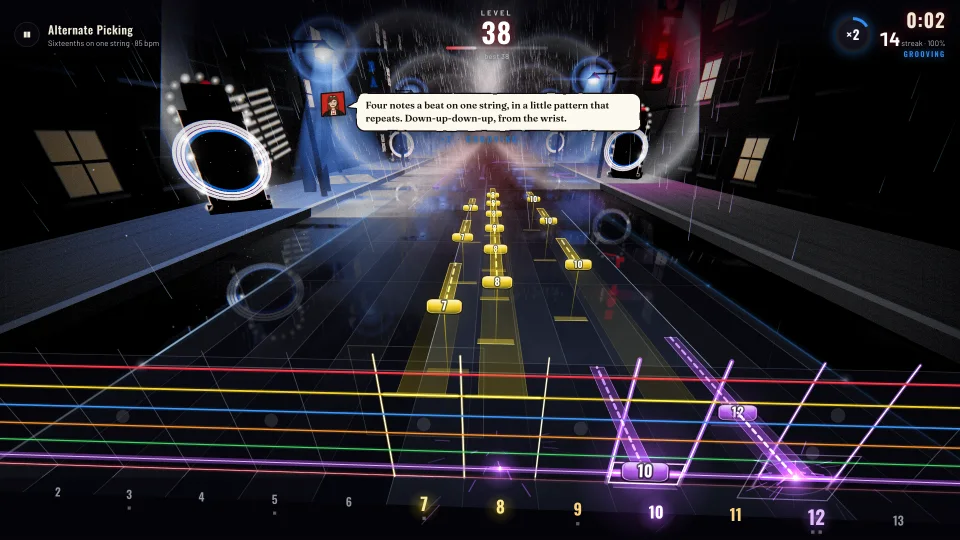 The Alternate Picking drill in Melodic at level 38: sixteenths on one string