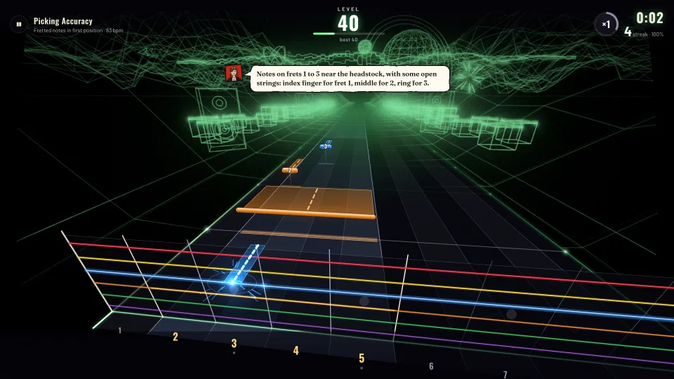 The Picking Accuracy drill in Melodic at level 40: fretted notes in first position