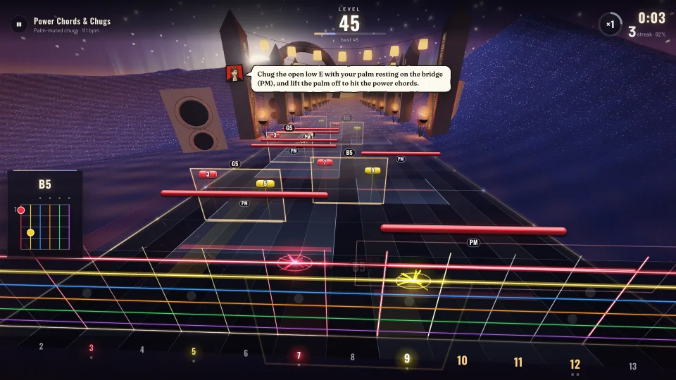 The Power Chords & Chugs drill in Melodic at level 45: palm-muted chugs