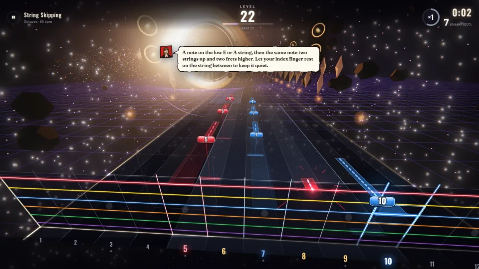The String Skipping drill in Melodic at level 22: octaves