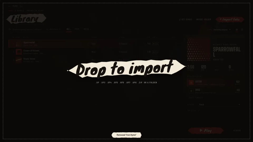 Dropping tab files onto Melodic’s library to import them