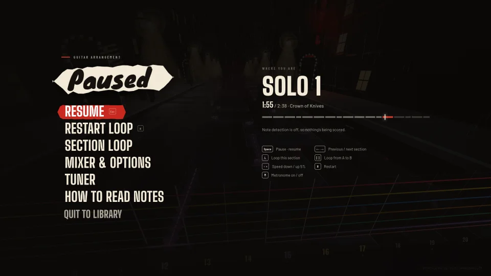 Melodic’s pause menu: section loop, mixer, tuner and how to read notes