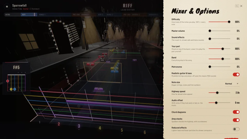 Melodic’s mixer and options during a song