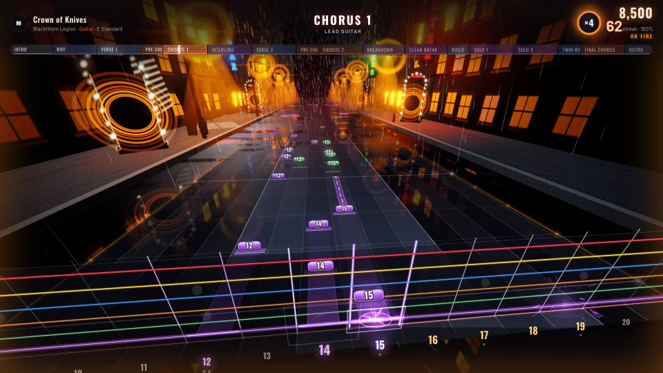 Playing a song in Melodic: notes on a 3D fretboard, with a ×4 streak