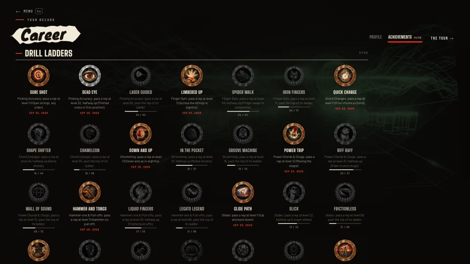 Melodic’s badges: the Drill ladders page, three for each drill