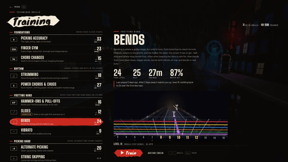 Melodic’s Training screen: fourteen drills, each with your level