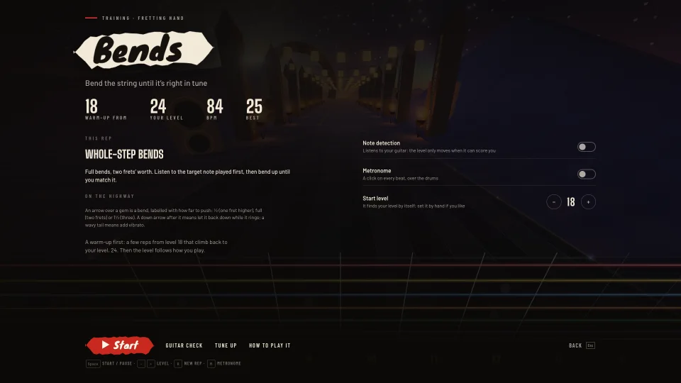 The start card of the Bends drill: a warm-up from level 18 back to level 24, and what to do in this rep