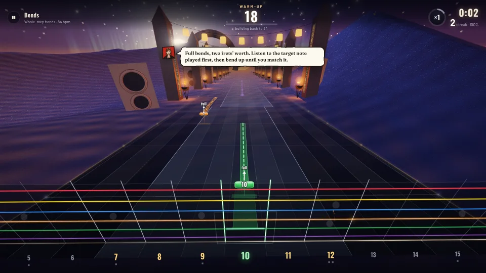 A warm-up in Melodic’s Bends drill: warm-up level 18, building back to 24, with the coach’s tip