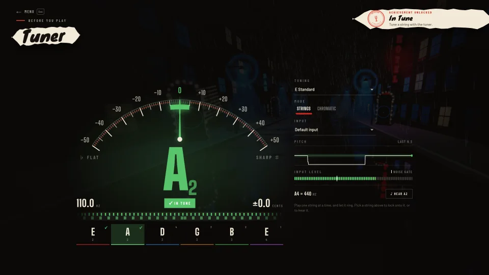Melodic’s tuner with the A string in tune at 110 Hz