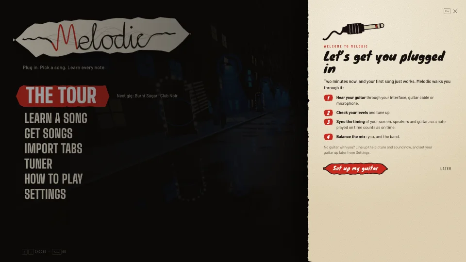 Melodic’s welcome card offering the two-minute guitar setup